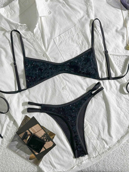 Black Fuzzy Sequin Spaghetti Strap Bikini Set