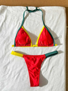 Red Green Yellow Contrast Trim Halter Triangle Bikini Set