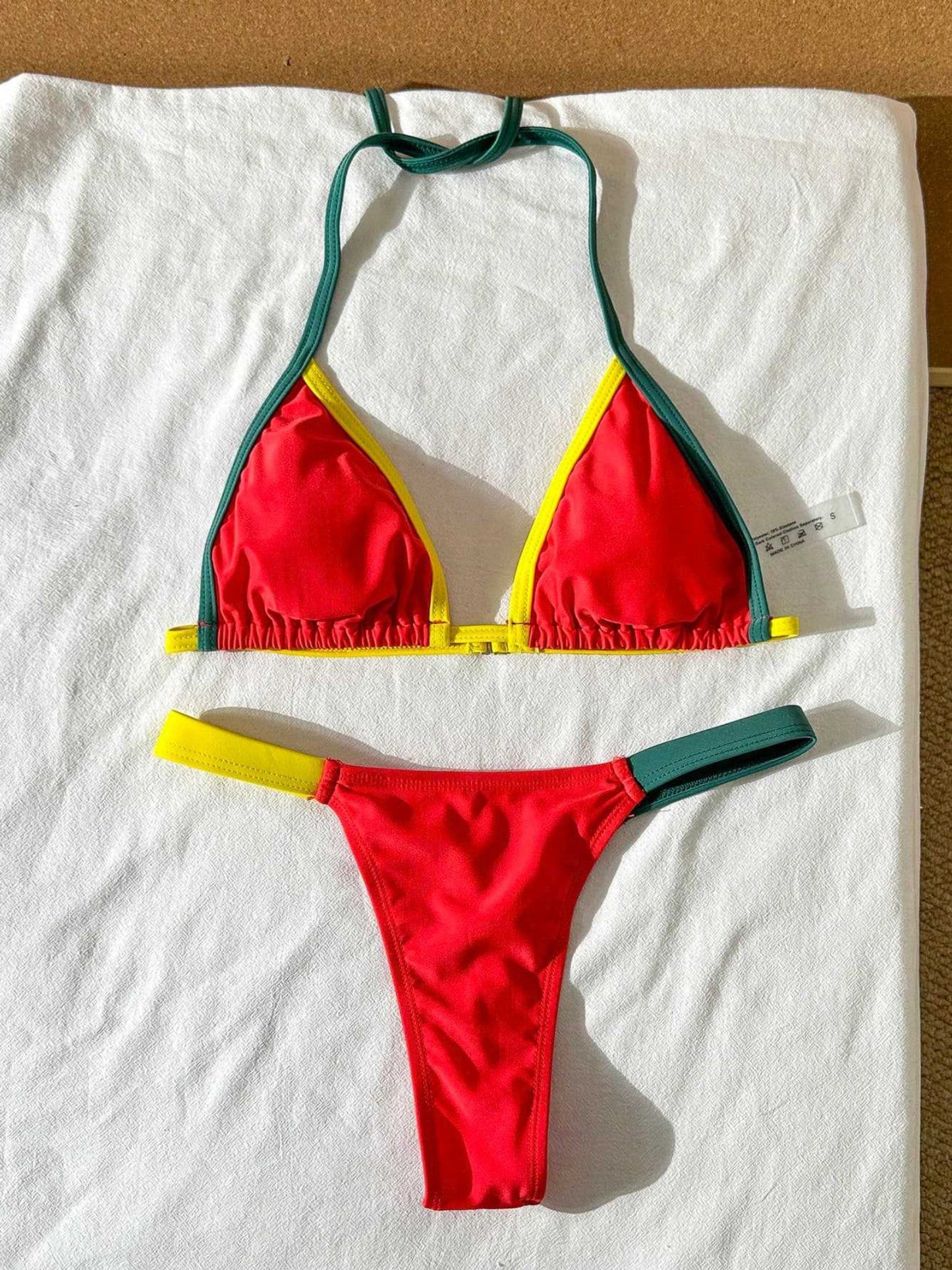 Red Green Yellow Contrast Trim Halter Triangle Bikini Set