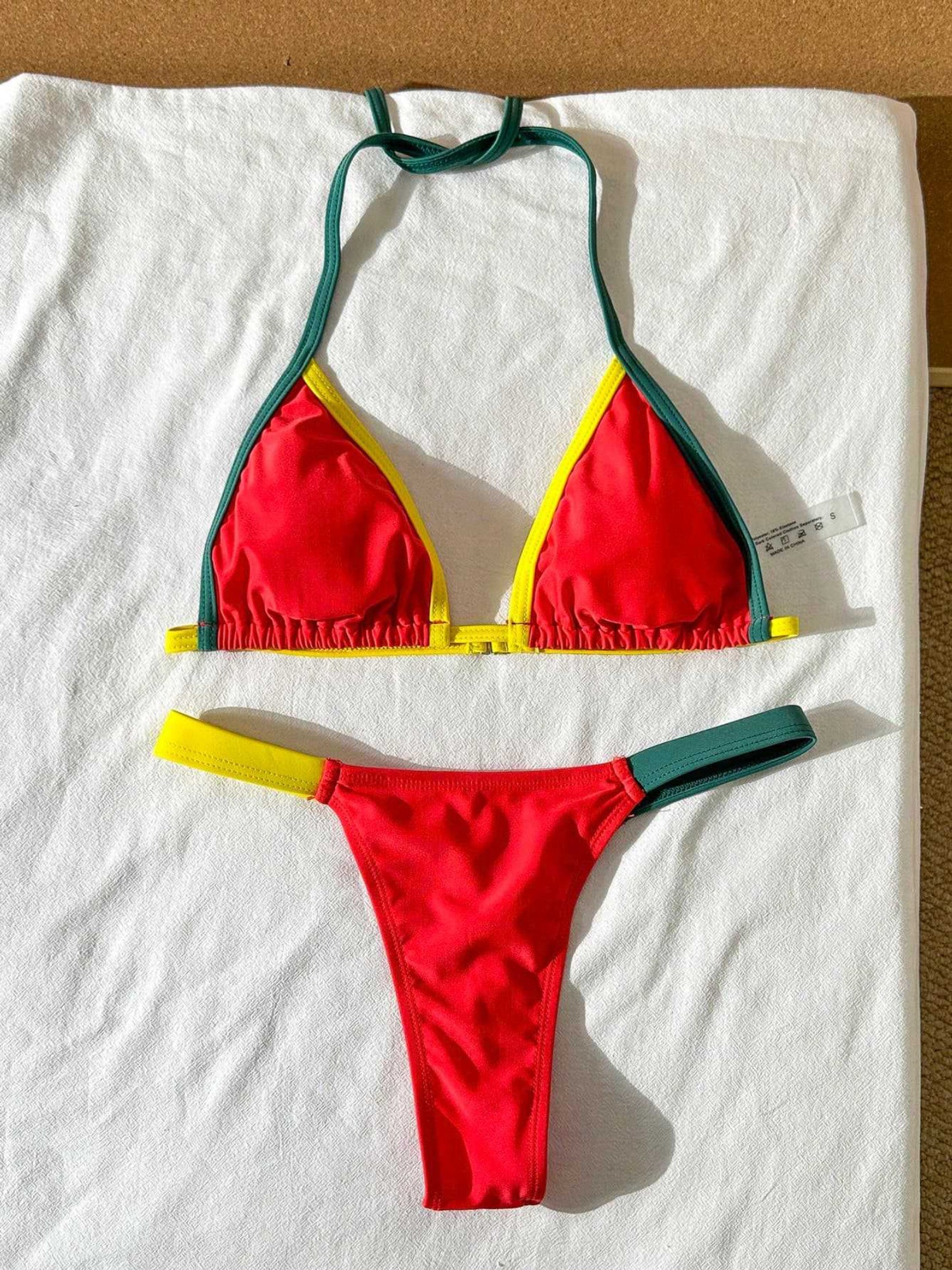 Red Green Yellow Contrast Trim Halter Triangle Bikini Set
