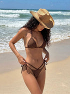 Brown Braided Trim Halter Tie Side Triangle Bikini Set