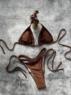 Brown Braided Trim Halter Tie Side Triangle Bikini Set
