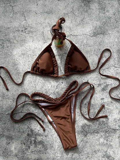 Brown Braided Trim Halter Tie Side Triangle Bikini Set