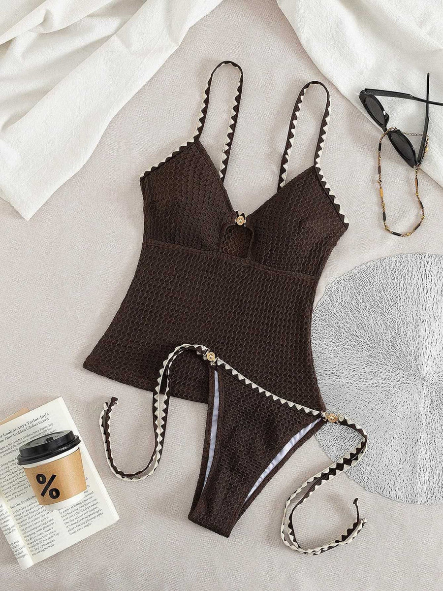 Chic Contrast Trim Cutout O-Ring Textured Bikini Set