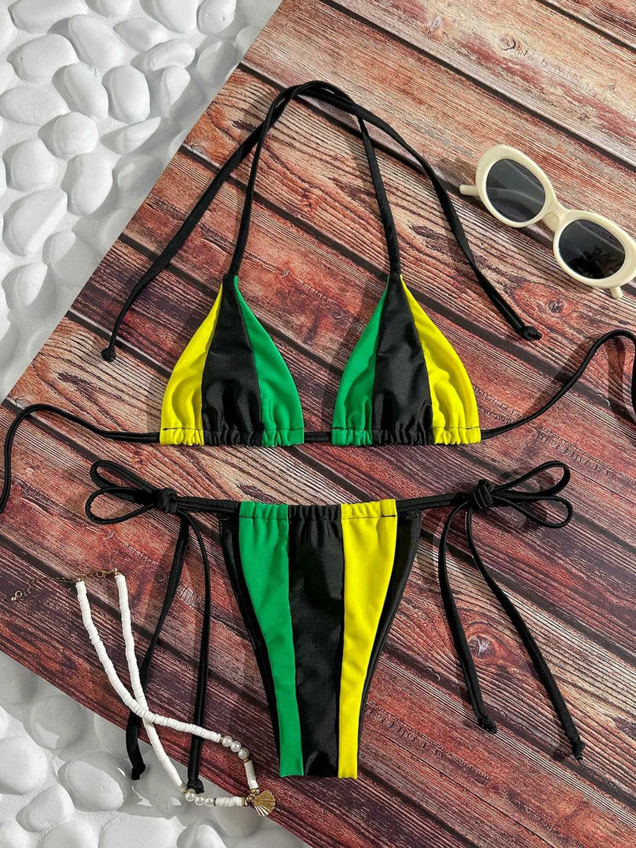 Trendy Three Tone Patchwork Adjustable Tie Bikini Set