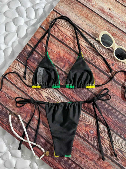 Trendy Three Tone Patchwork Adjustable Tie Bikini Set