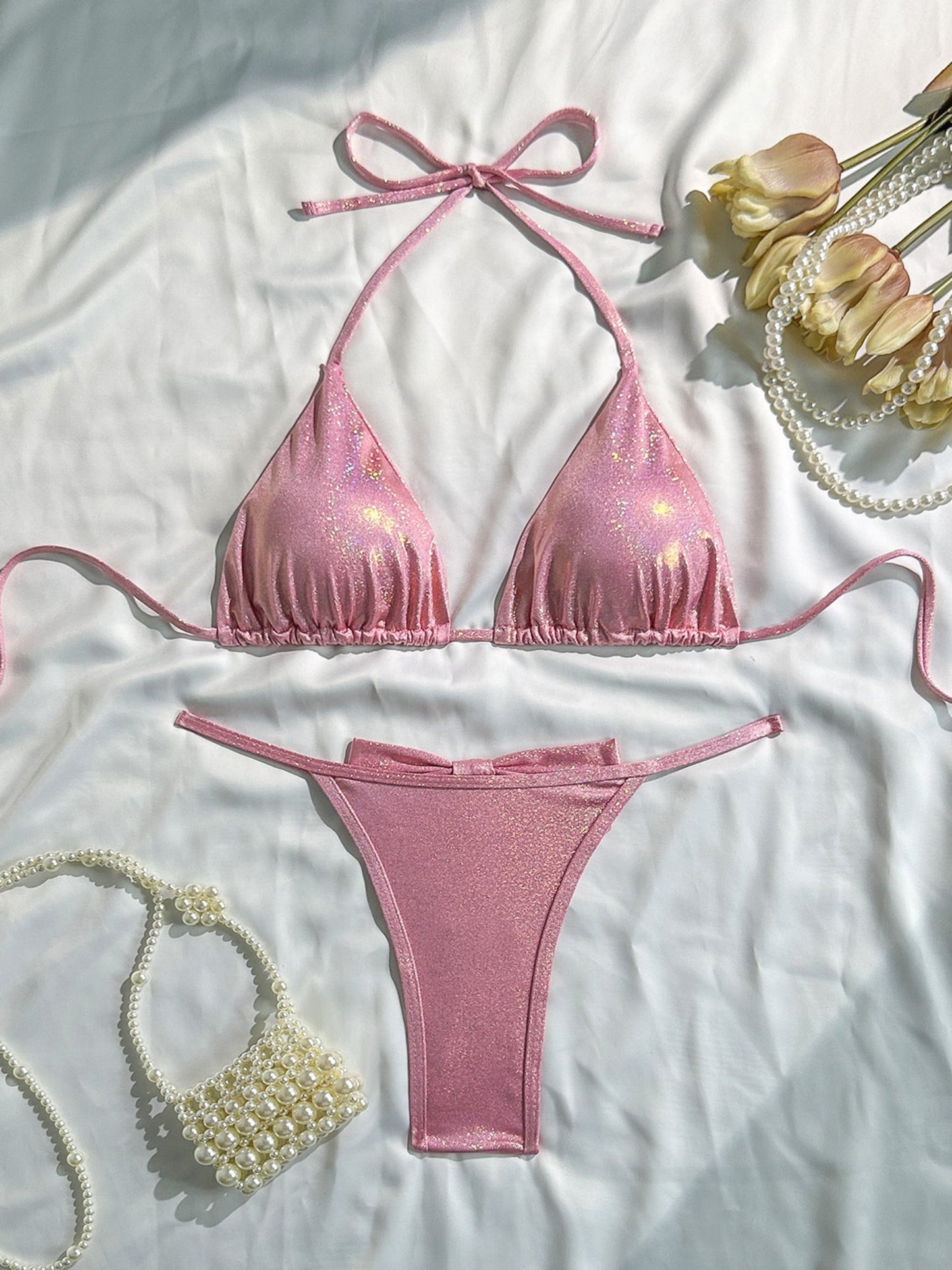 Shiny Glitter Pink Halter Triangle String Bikini