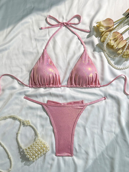 Shiny Glitter Pink Halter Triangle String Bikini