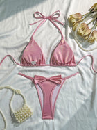 Shiny Glitter Pink Halter Triangle String Bikini