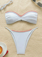 Vintage White Red Pom Pom Trim Spaghetti Strap Bikini