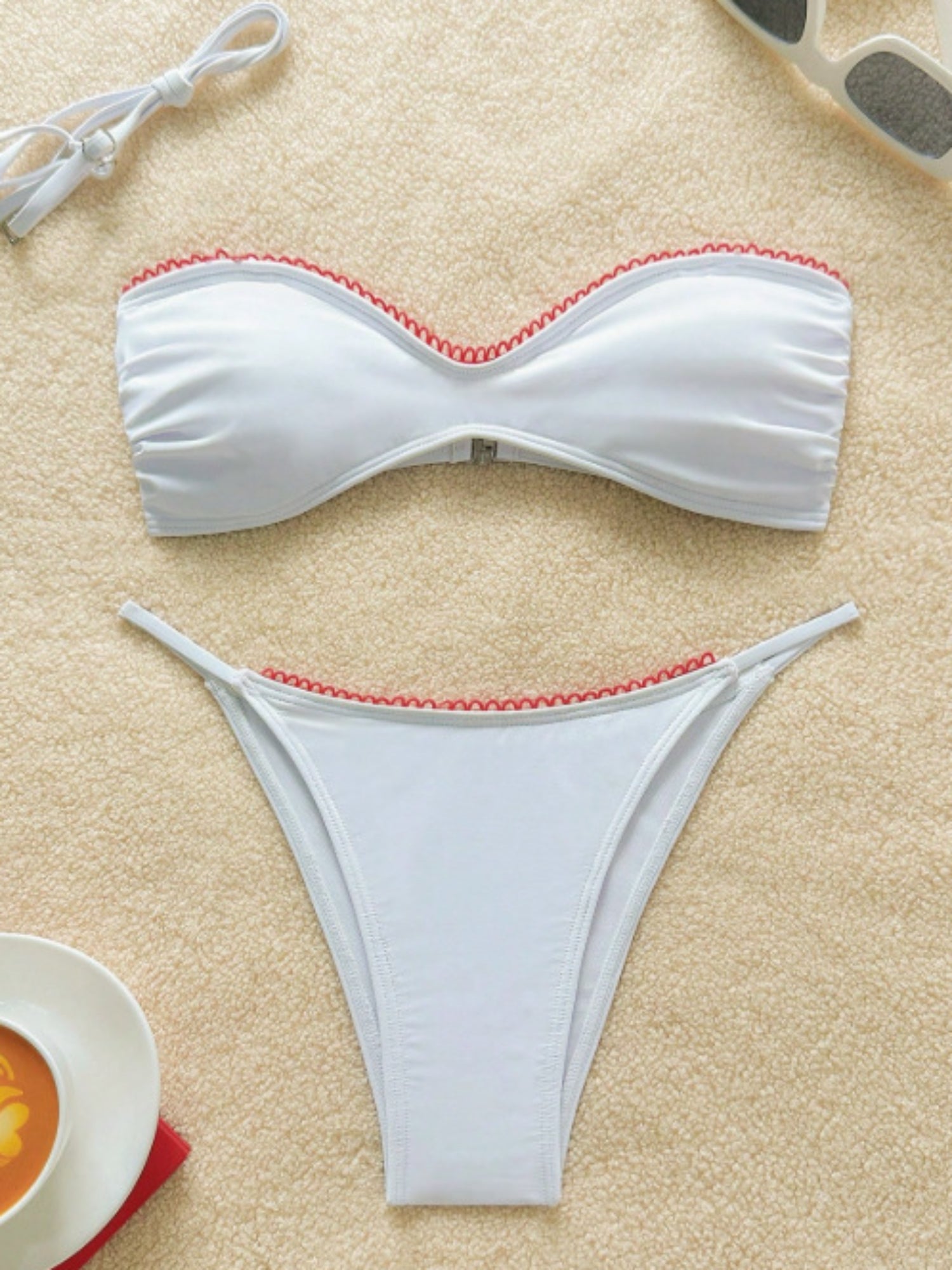 Vintage White Red Pom Pom Trim Spaghetti Strap Bikini