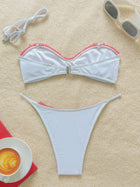 Vintage White Red Pom Pom Trim Spaghetti Strap Bikini