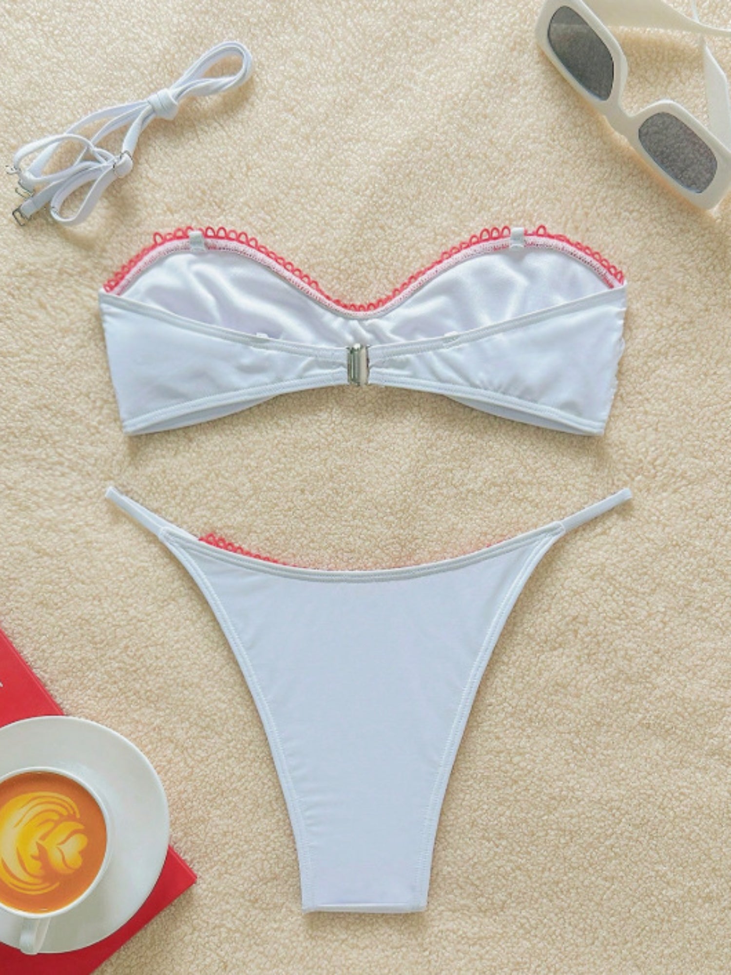 Vintage White Red Pom Pom Trim Spaghetti Strap Bikini