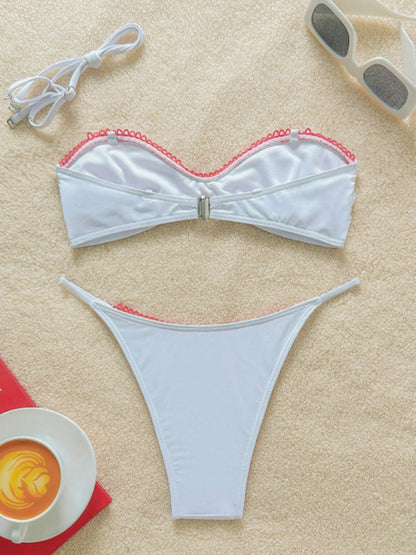 Vintage White Red Pom Pom Trim Spaghetti Strap Bikini