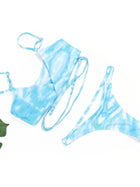 Blue Green Tie Dye Wrap Cross Strap High Cut Bikini Set