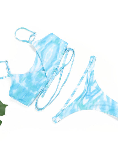 Blue Green Tie Dye Wrap Cross Strap High Cut Bikini Set