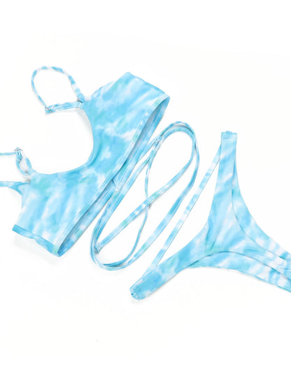 Blue Green Tie Dye Wrap Cross Strap High Cut Bikini Set