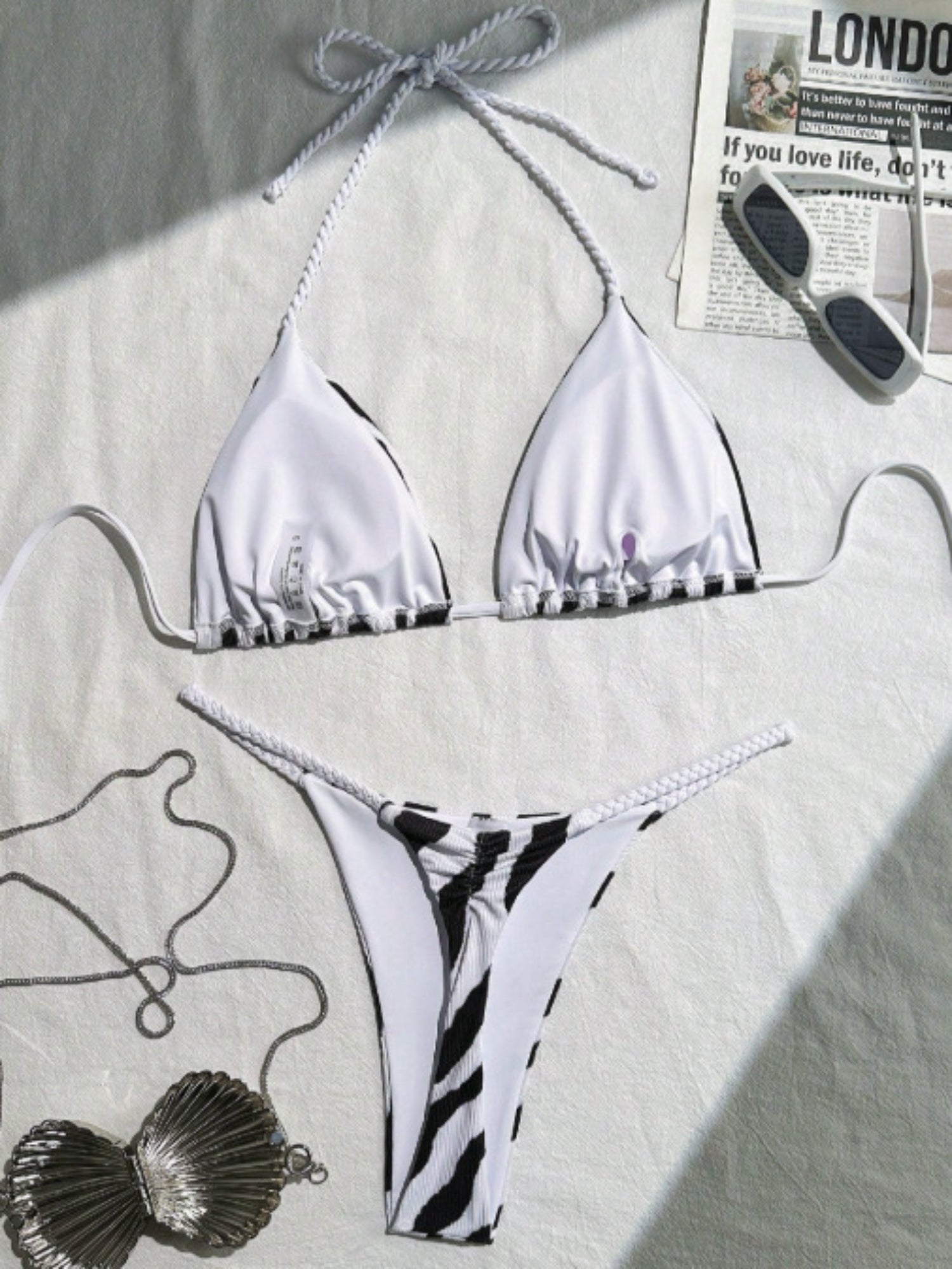Zebra Print Rope Strap Halter Tie Side Triangle Bikini Set