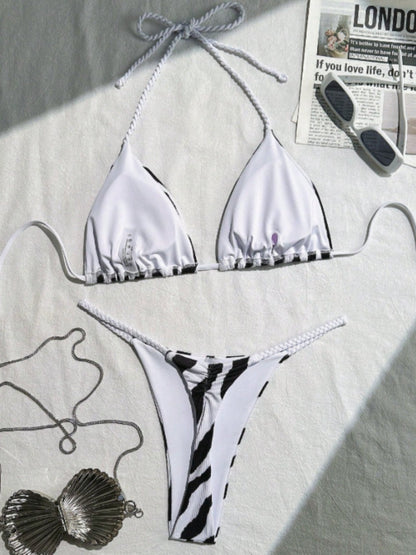 Zebra Print Rope Strap Halter Tie Side Triangle Bikini Set