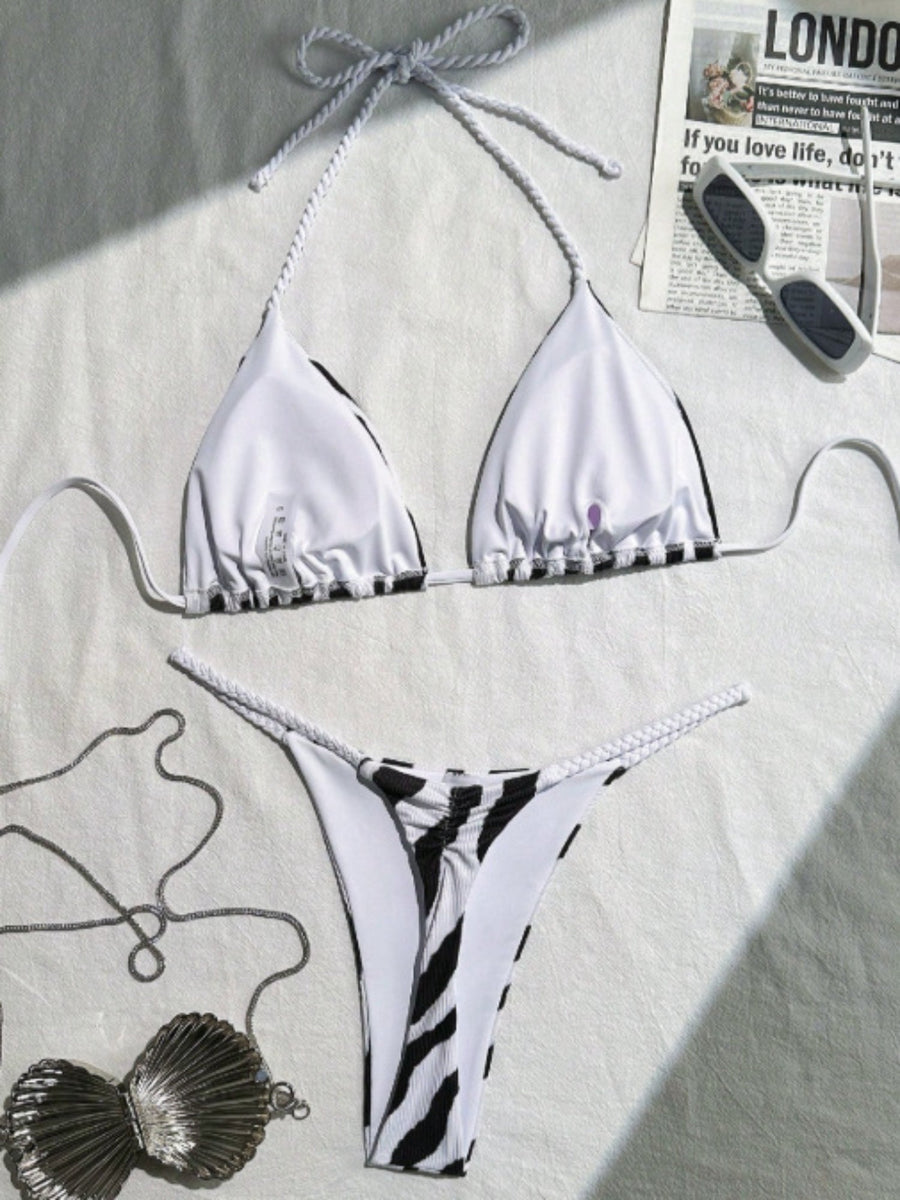 Zebra Print Rope Strap Halter Tie Side Triangle Bikini Set
