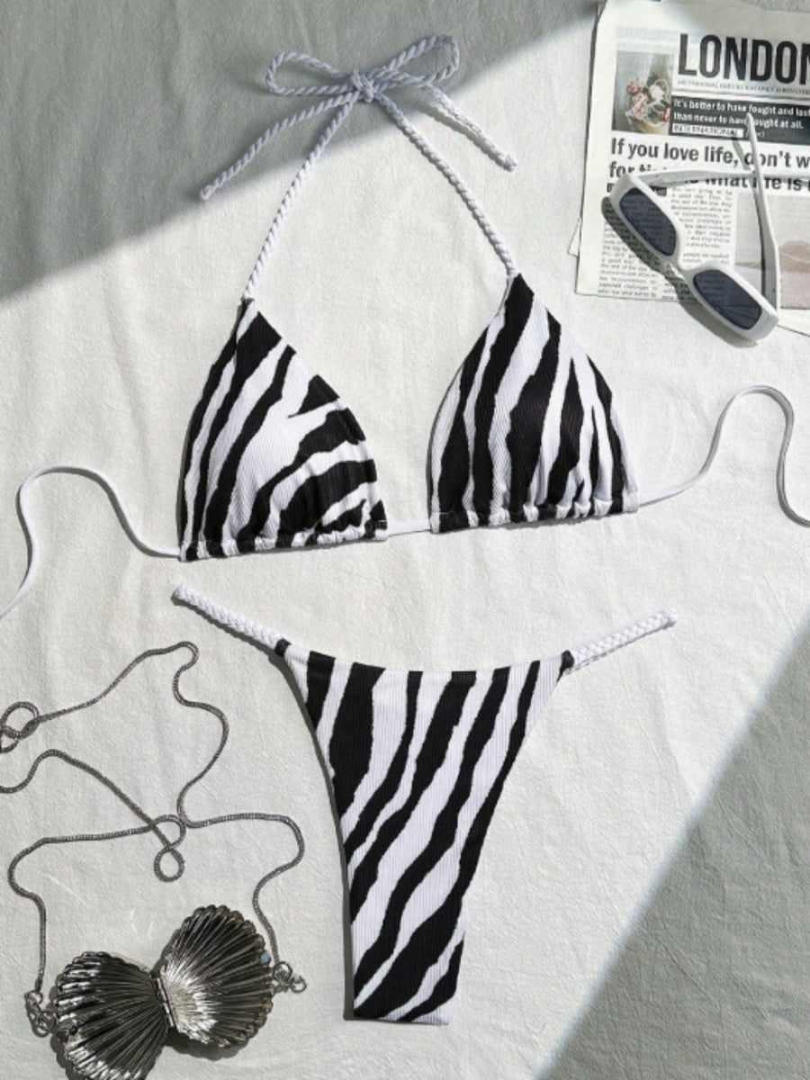 Zebra Print Rope Strap Halter Tie Side Triangle Bikini Set