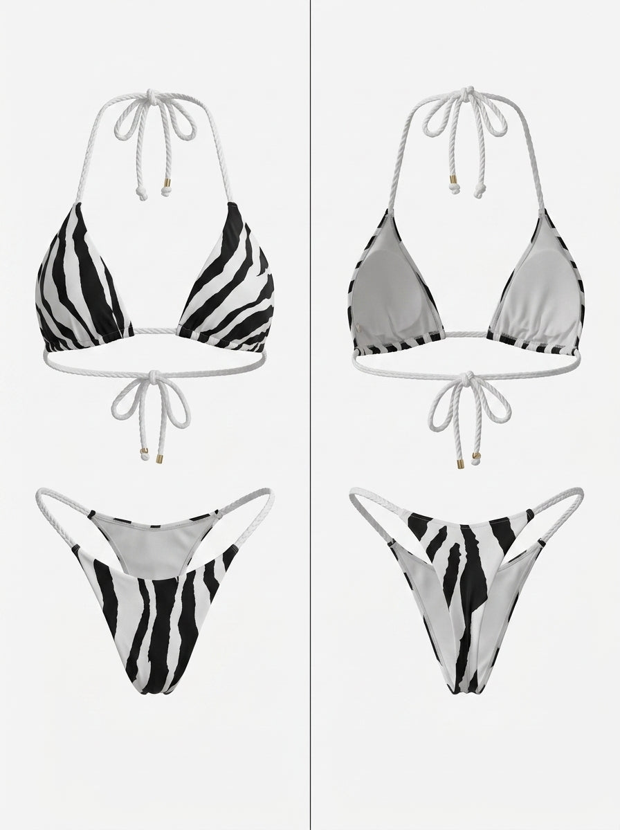 Zebra Print Rope Strap Halter Tie Side Triangle Bikini Set