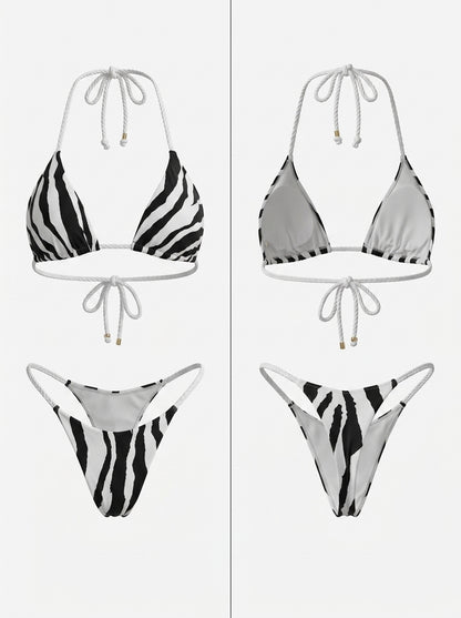 Zebra Print Rope Strap Halter Tie Side Triangle Bikini Set