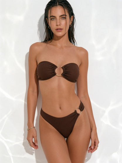Brown Ribbed Bandeau O-Ring Hardware High Cut Bikini Set