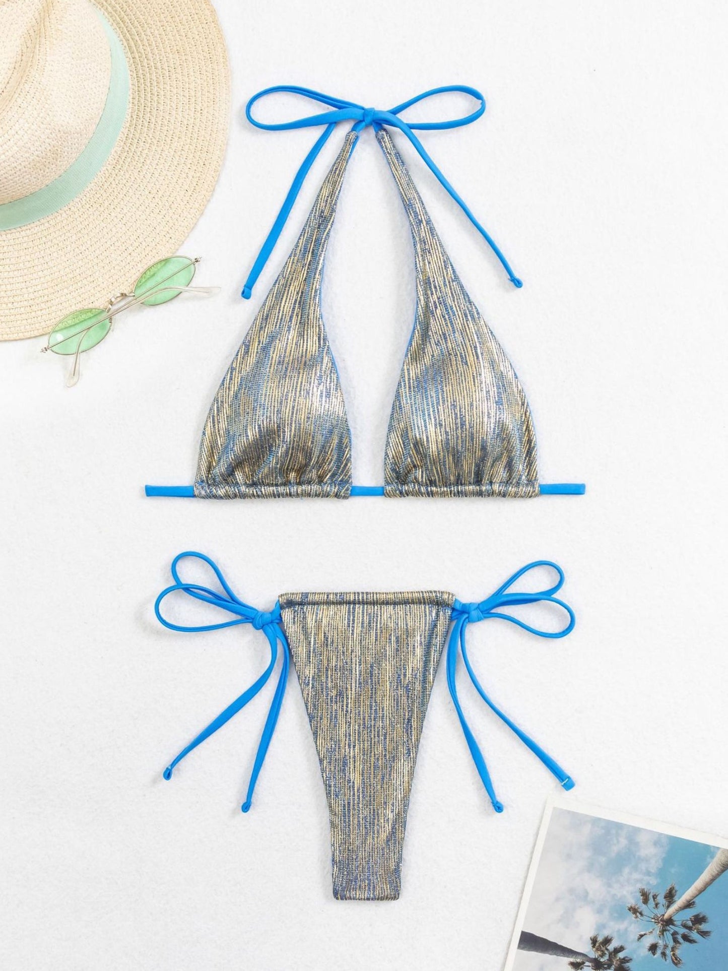 Blue Shimmer Triangle Halter Tie Side Two Piece Bikini