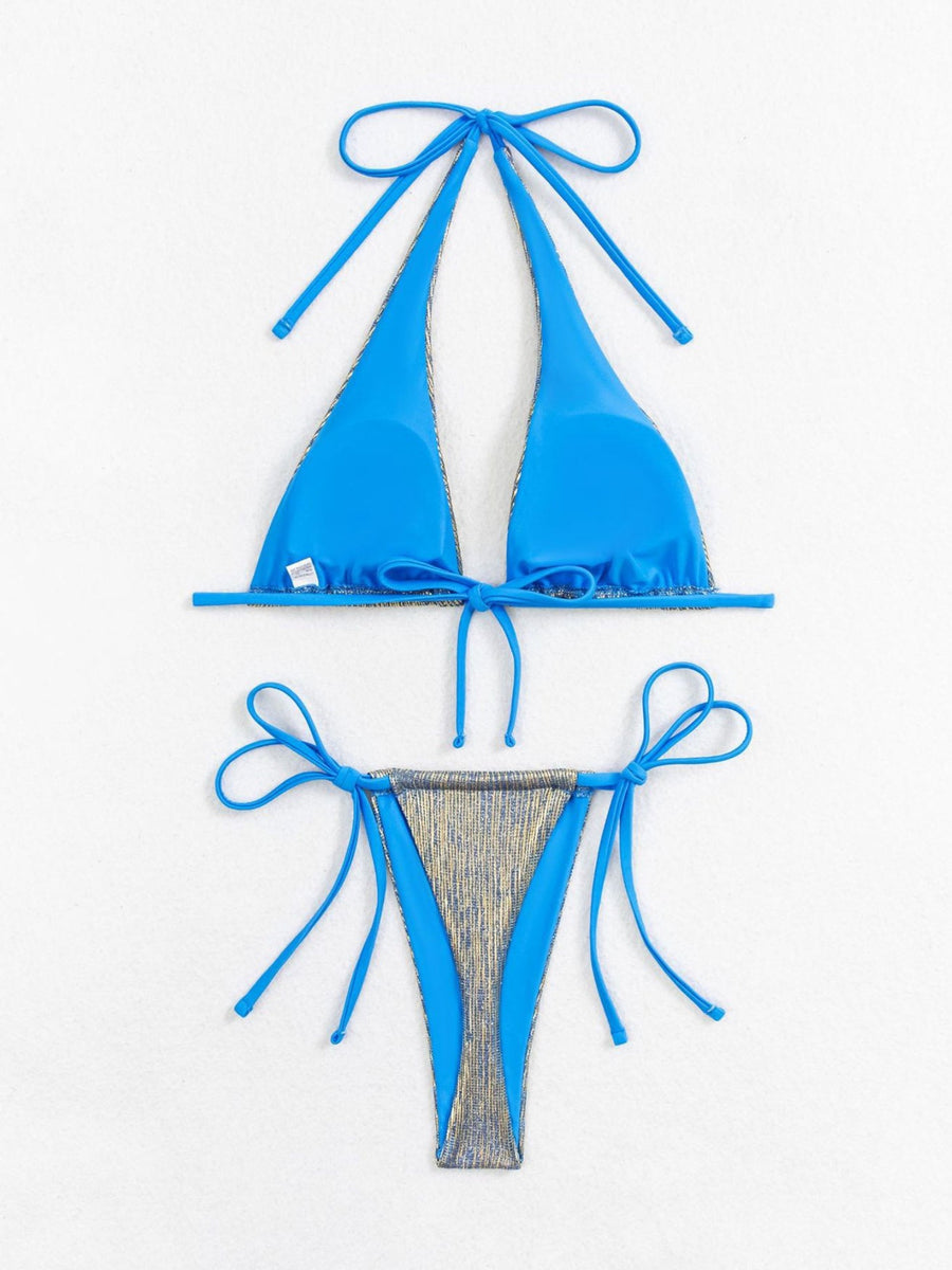 Blue Shimmer Triangle Halter Tie Side Two Piece Bikini