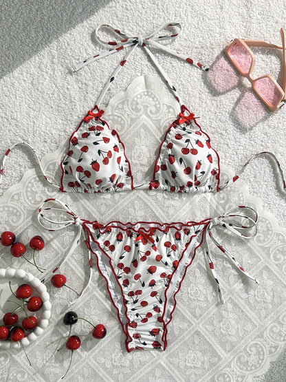 Cherry Print Ruffle Trim Halter Tie Side Triangle Bikini
