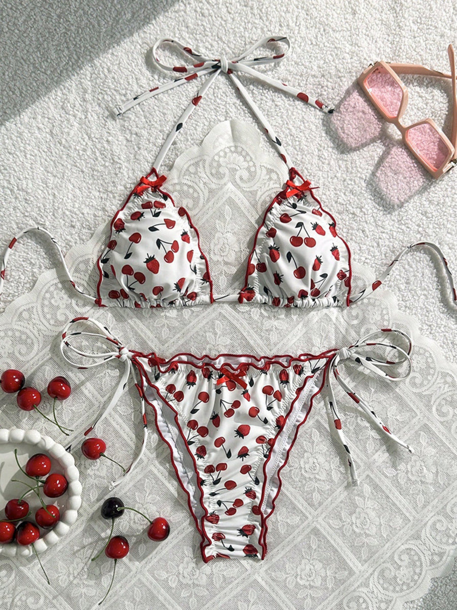 Cherry Print Ruffle Trim Halter Tie Side Triangle Bikini
