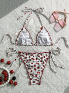Cherry Print Ruffle Trim Halter Tie Side Triangle Bikini