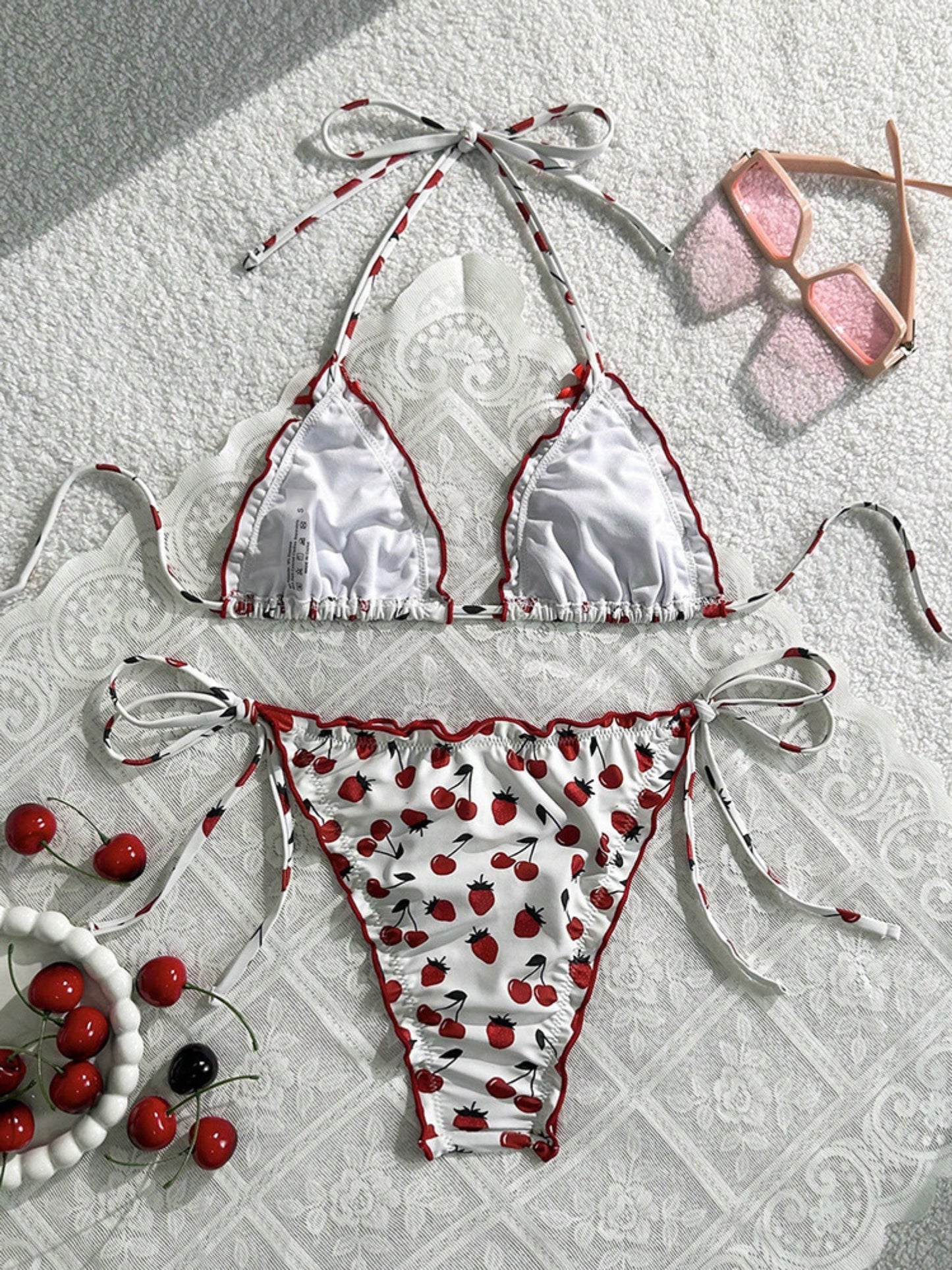 Cherry Print Ruffle Trim Halter Tie Side Triangle Bikini