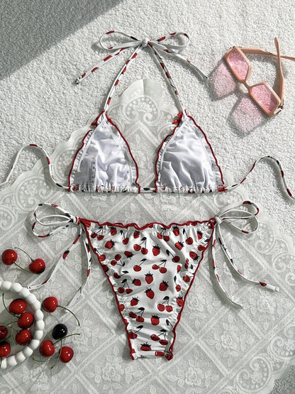 Cherry Print Ruffle Trim Halter Tie Side Triangle Bikini