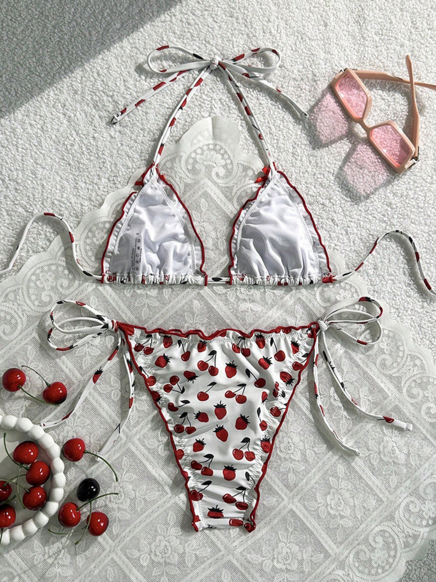 Cherry Print Ruffle Trim Halter Tie Side Triangle Bikini