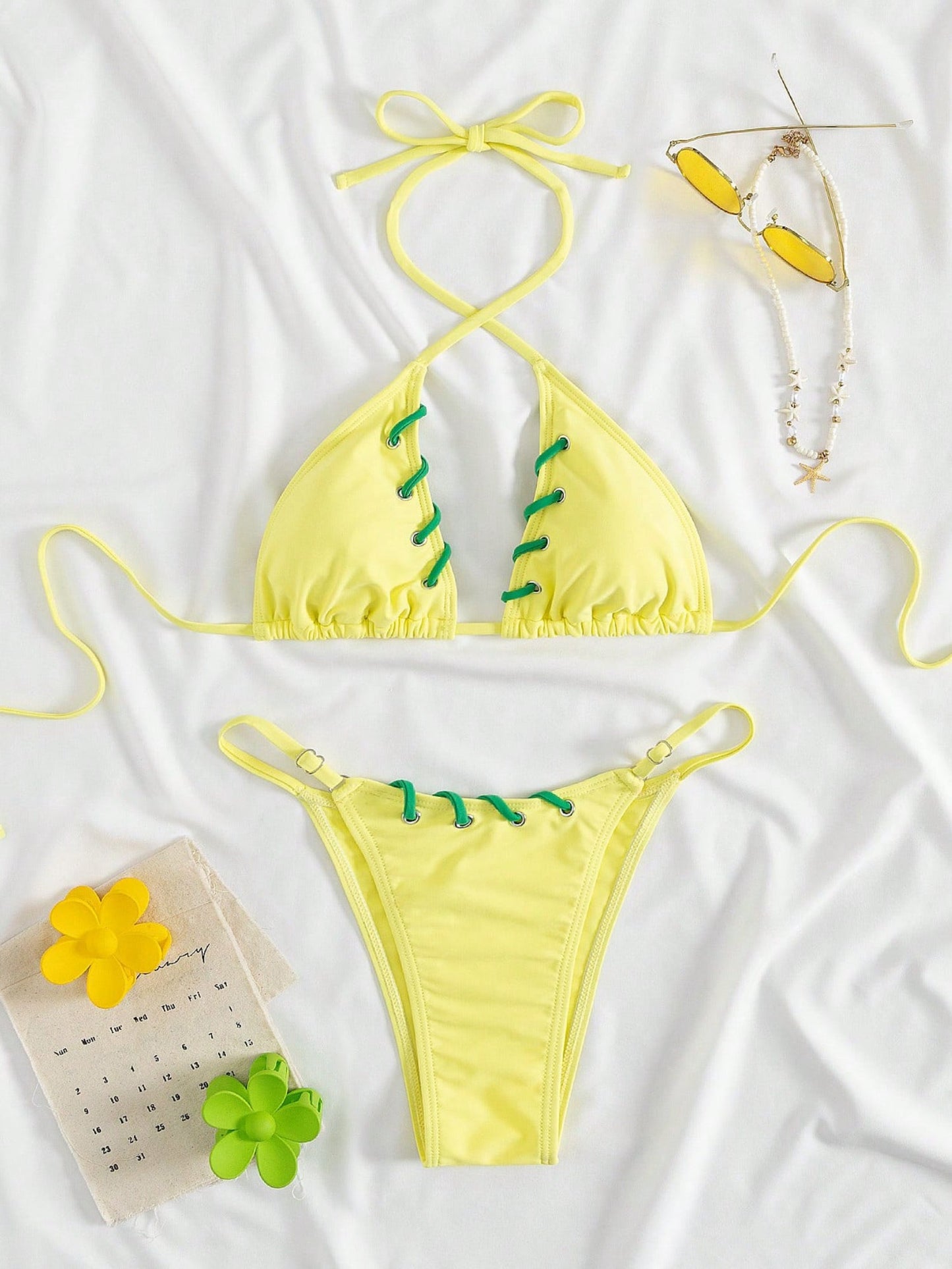 Neon Yellow Crisscross Halter Lace-up Cutout Two Piece Bikini
