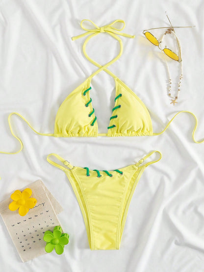 Neon Yellow Crisscross Halter Lace-up Cutout Two Piece Bikini