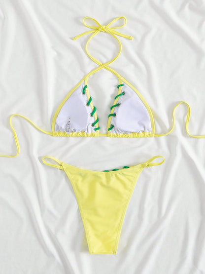 Neon Yellow Crisscross Halter Lace-up Cutout Two Piece Bikini