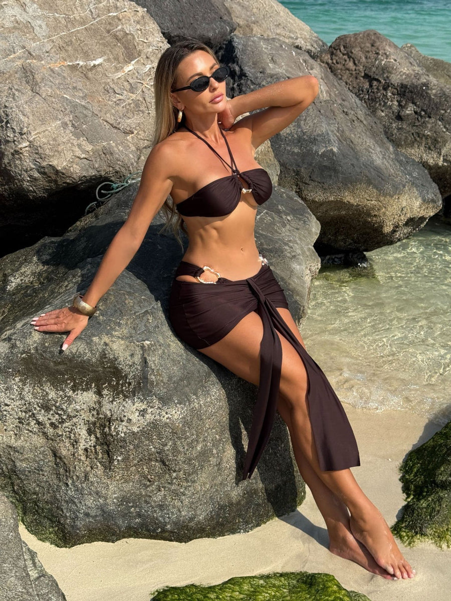 Brown Metal Ring Halter Bandeau Bikini with Ruched Sarong 3 Piece Set