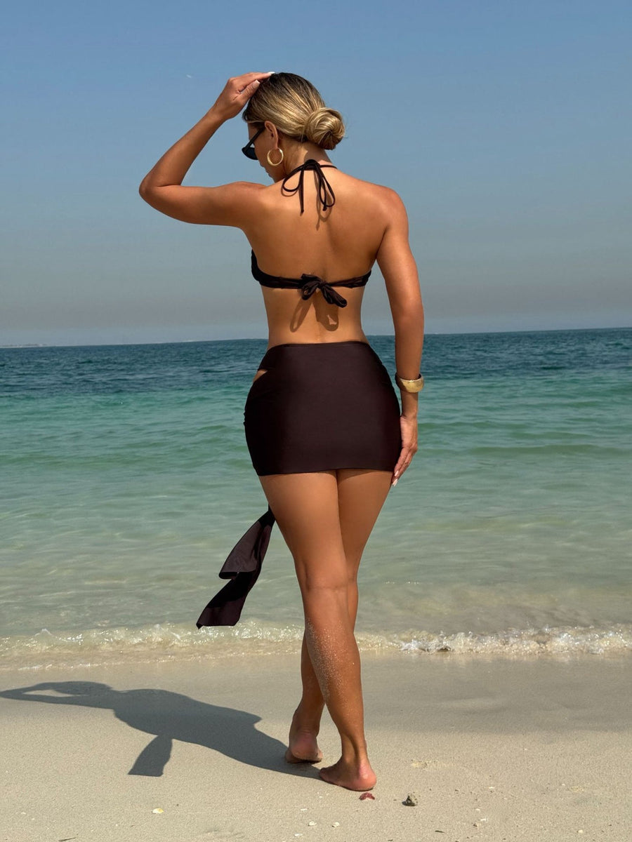 Brown Metal Ring Halter Bandeau Bikini with Ruched Sarong 3 Piece Set