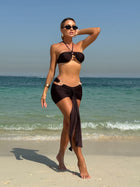 Brown Metal Ring Halter Bandeau Bikini with Ruched Sarong 3 Piece Set