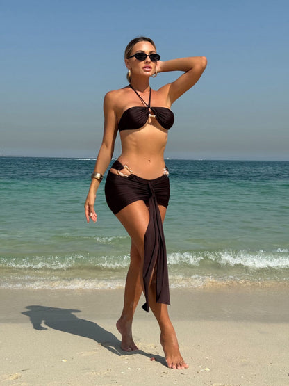 Brown Metal Ring Halter Bandeau Bikini with Ruched Sarong 3 Piece Set