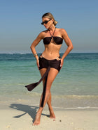 Brown Metal Ring Halter Bandeau Bikini with Ruched Sarong 3 Piece Set