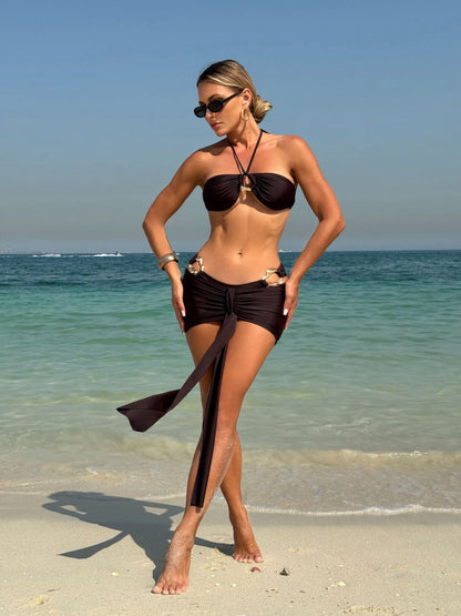 Brown Metal Ring Halter Bandeau Bikini with Ruched Sarong 3 Piece Set