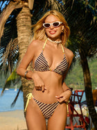 Brown Yellow Striped Beaded Halter Tie Side Triangle Bikini