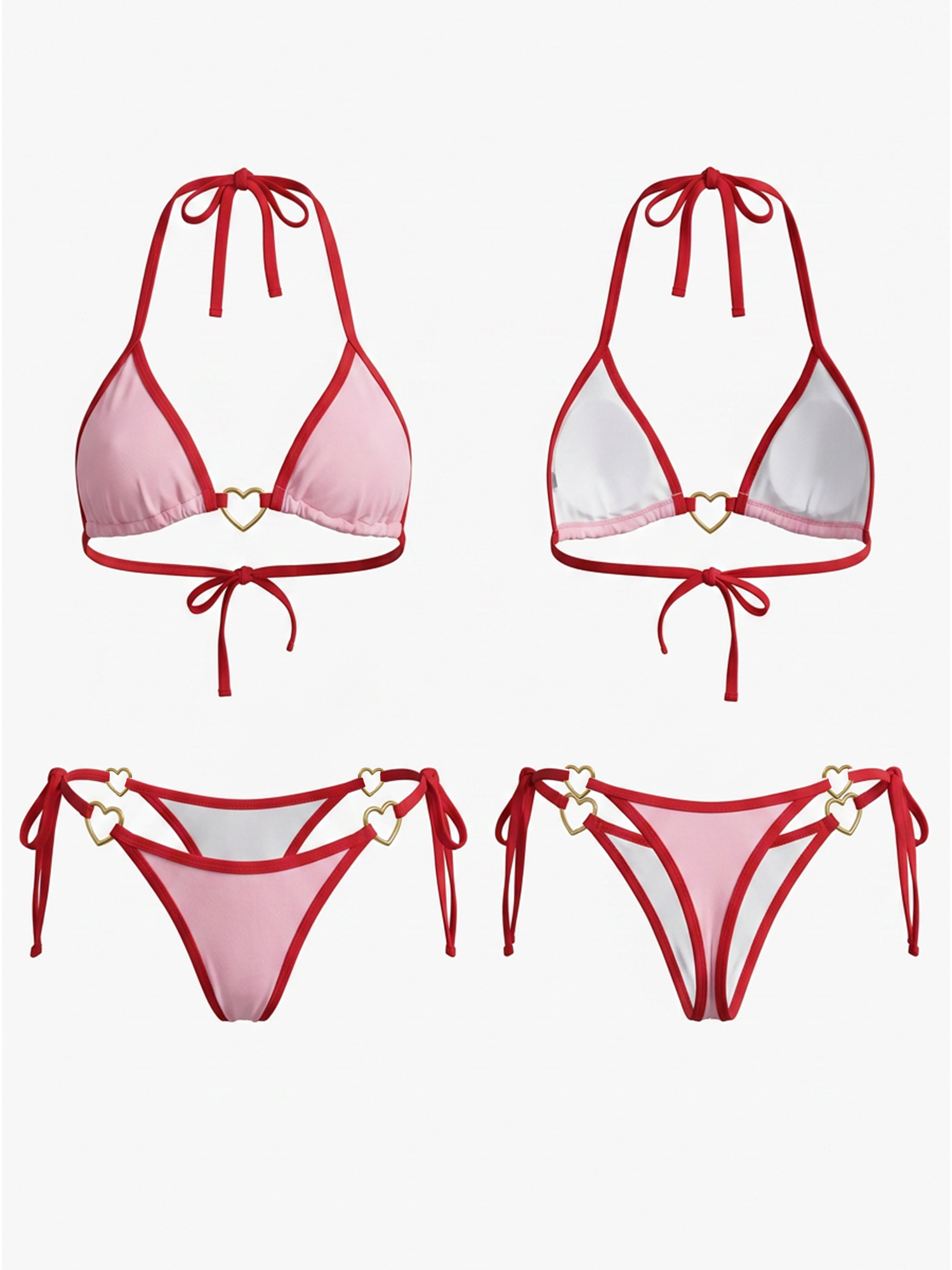 Pink & Red Trim Halter Triangle Bikini
