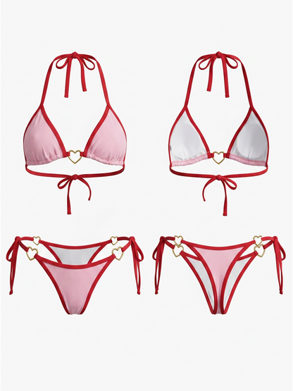 Pink & Red Trim Halter Triangle Bikini