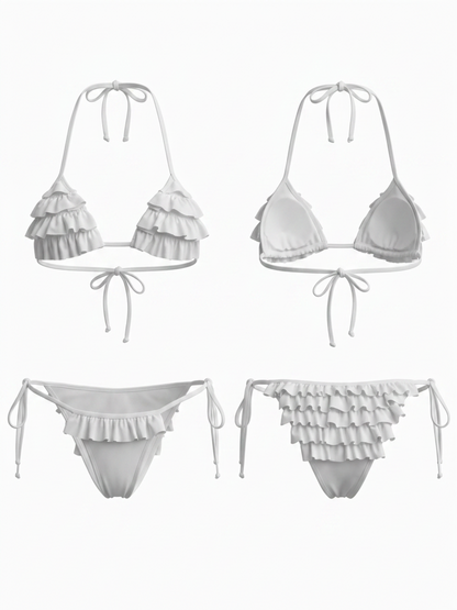 White Ruffled Halter Triangle Bikini Set