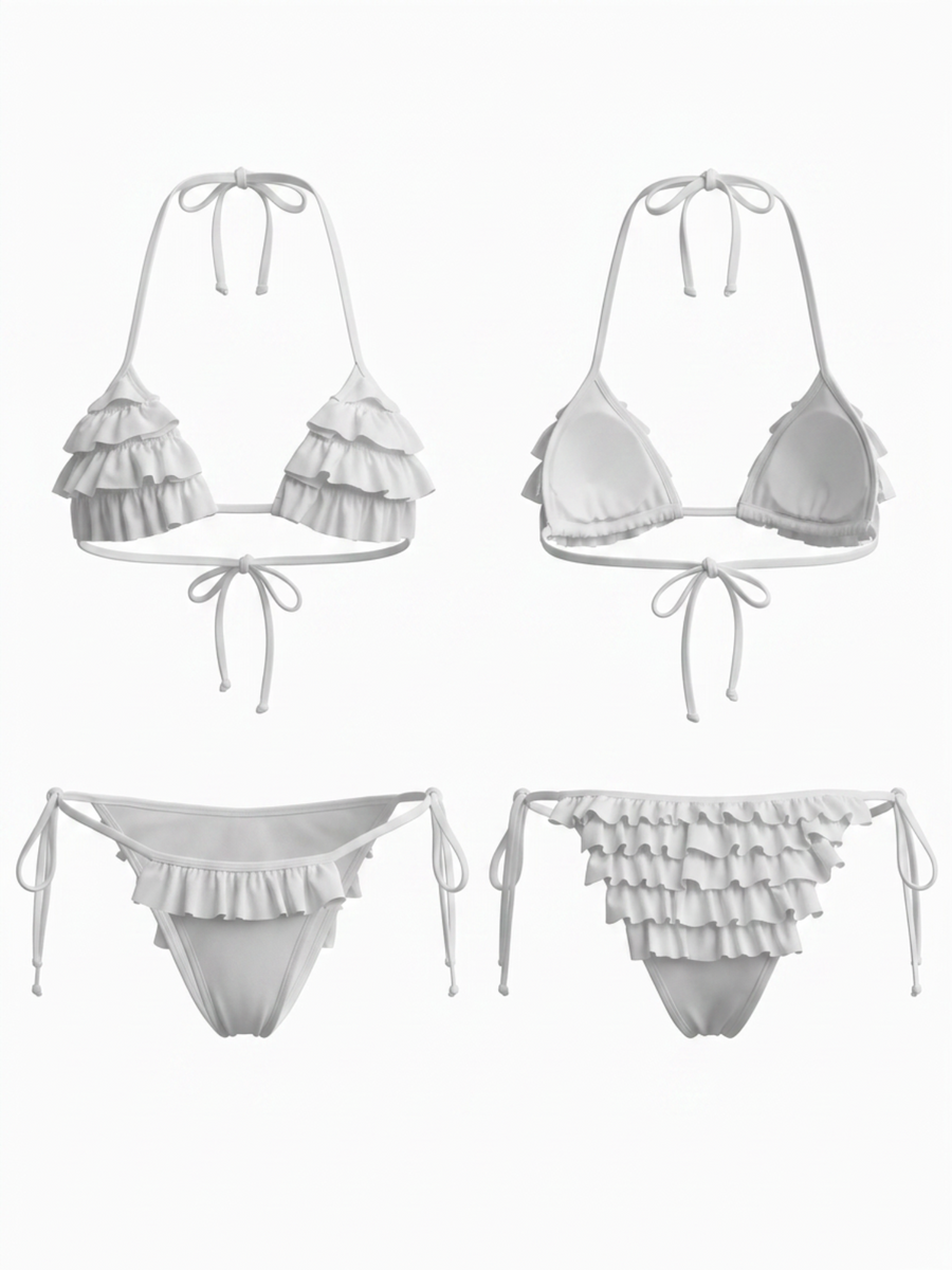 White Ruffled Halter Triangle Bikini Set